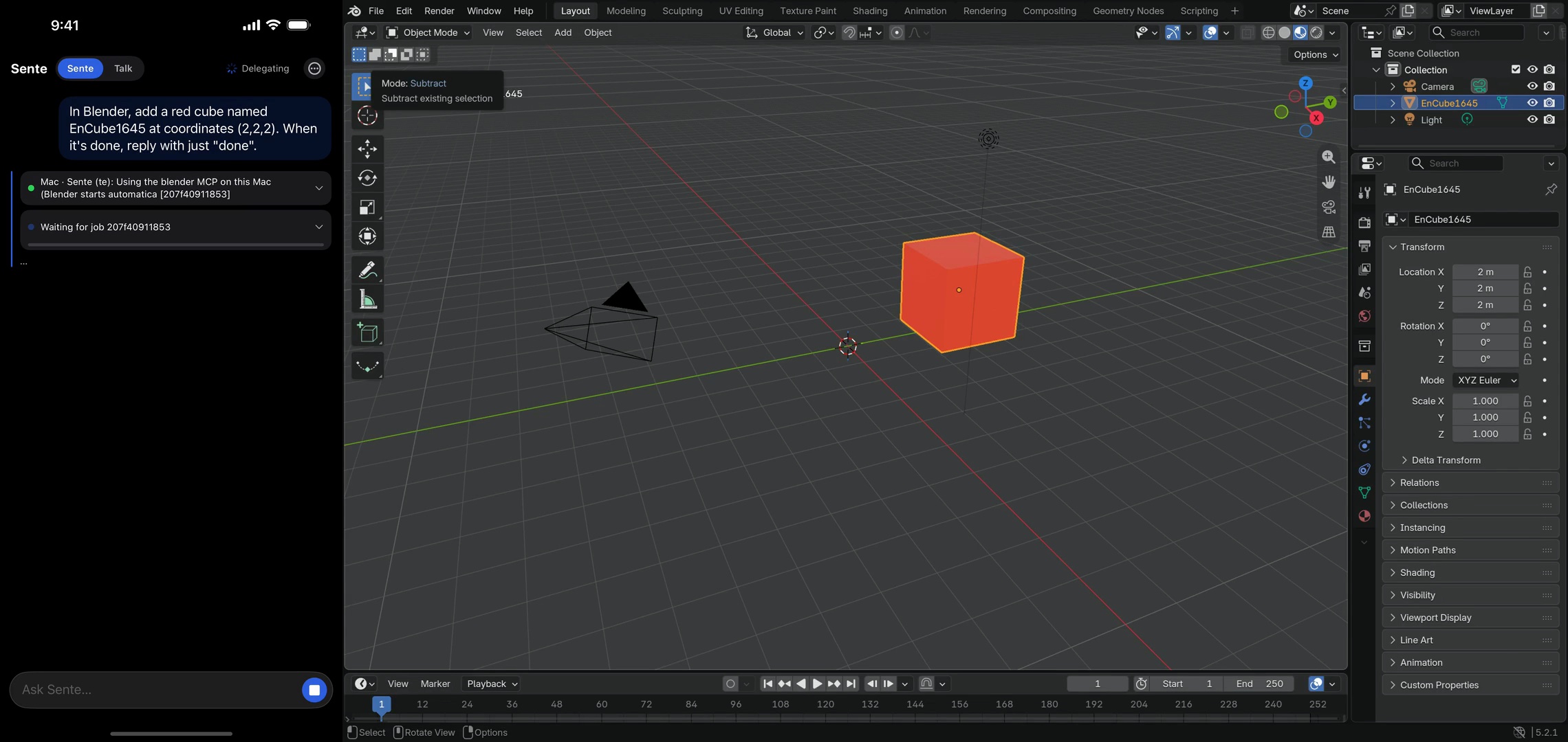 Left: Sente on the phone, asked for a red cube in Blender. Right: the red cube in Blender on the Mac