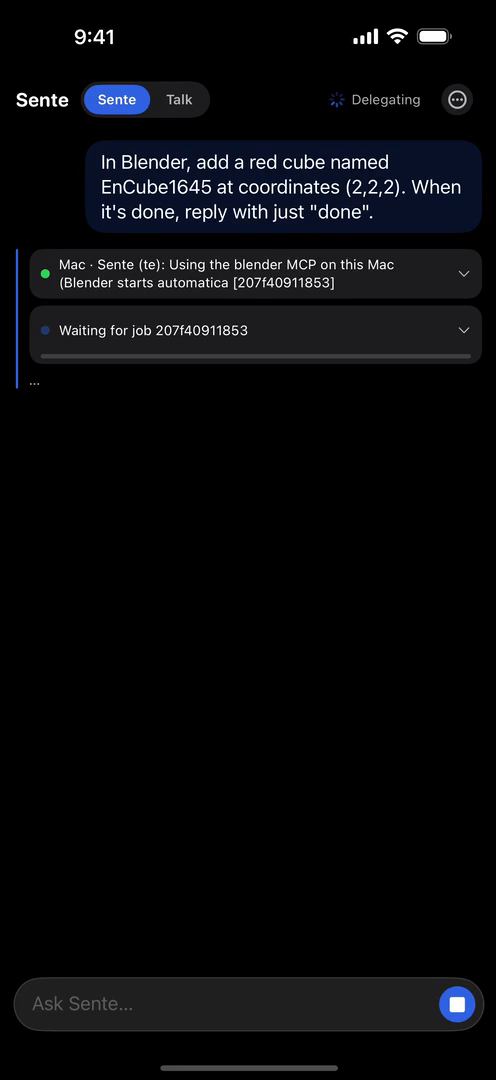 Sente on the phone: the request bubble, the dispatch card to the Mac, the waiting card, and the reply done