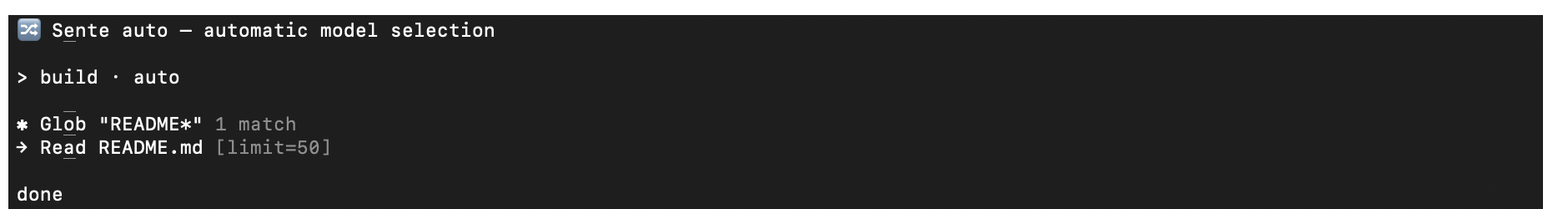Terminal output of te run: it finds and reads the README and replies done